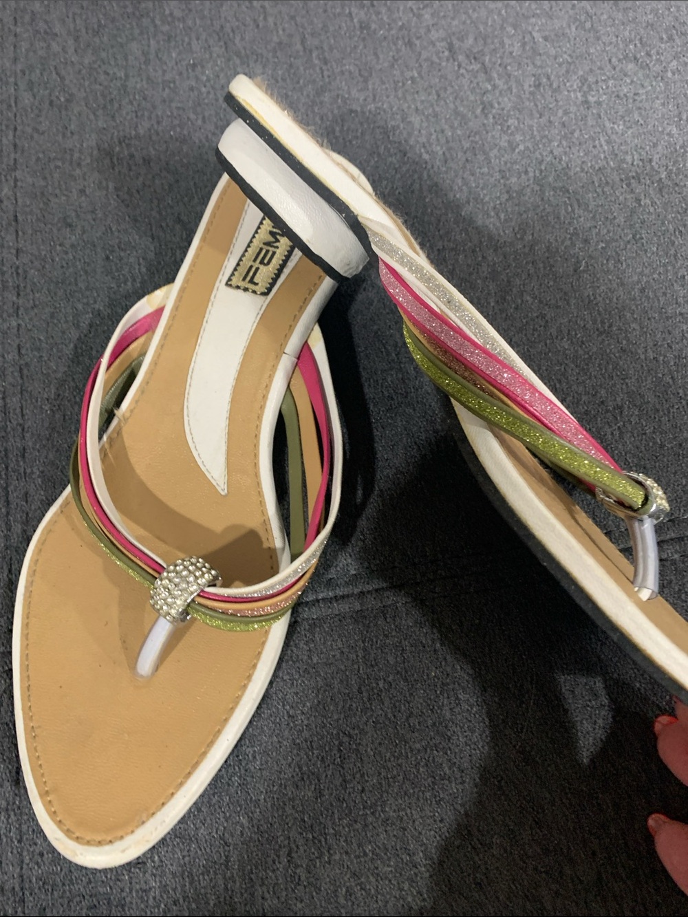 Feminine Rhinestone Thong Sandals in Pink & Green